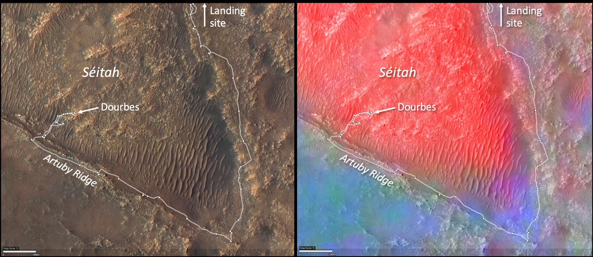 These annotated images show two views of the “Séítah” geologic unit of Mars’ Jezero Crater.