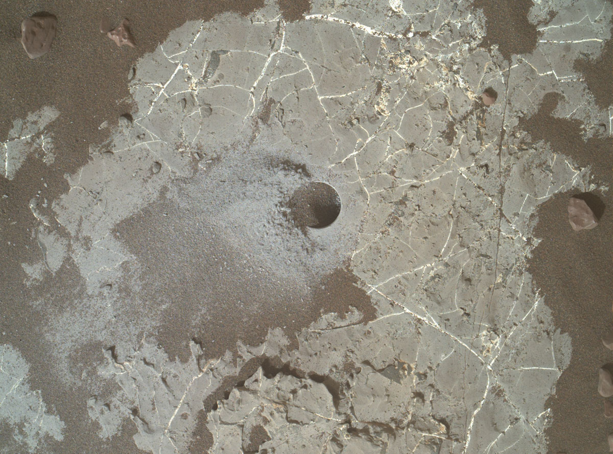 This image shows the Highfield drill hole made by NASA’s Mars Curiosity rover as it was collecting a sample on “Vera Rubin Ridge” in Gale Crater.