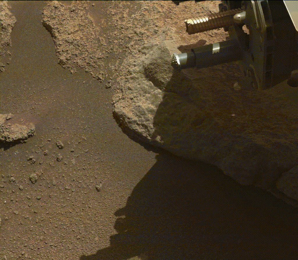 A portion of a cored-rock sample is ejected from the rotary percussive drill on NASA’s Perseverance Mars rover. The imagery was collected by the rover’s Mastcam-Z instrument on Jan. 15, 2022.