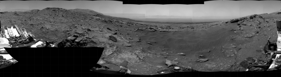NASA's Mars rover Curiosity took 31 images in Gale Crater using its mast-mounted Right Navigation Camera (Navcam) to create this mosaic. The seam-corrected mosaic provides a 360-degree cylindrical projection panorama of the Martian surface centered at 276 degrees azimuth (measured clockwise from north). Curiosity took the images on February 21, 2022, Sol 3393 of the Mars Science Laboratory mission at drive 2164, site number 93. The local mean solar time for the image exposures was from 11 AM to 12 PM. Each Navcam image has a 45 degree field of view. CREDIT: NASA/JPL-Caltech