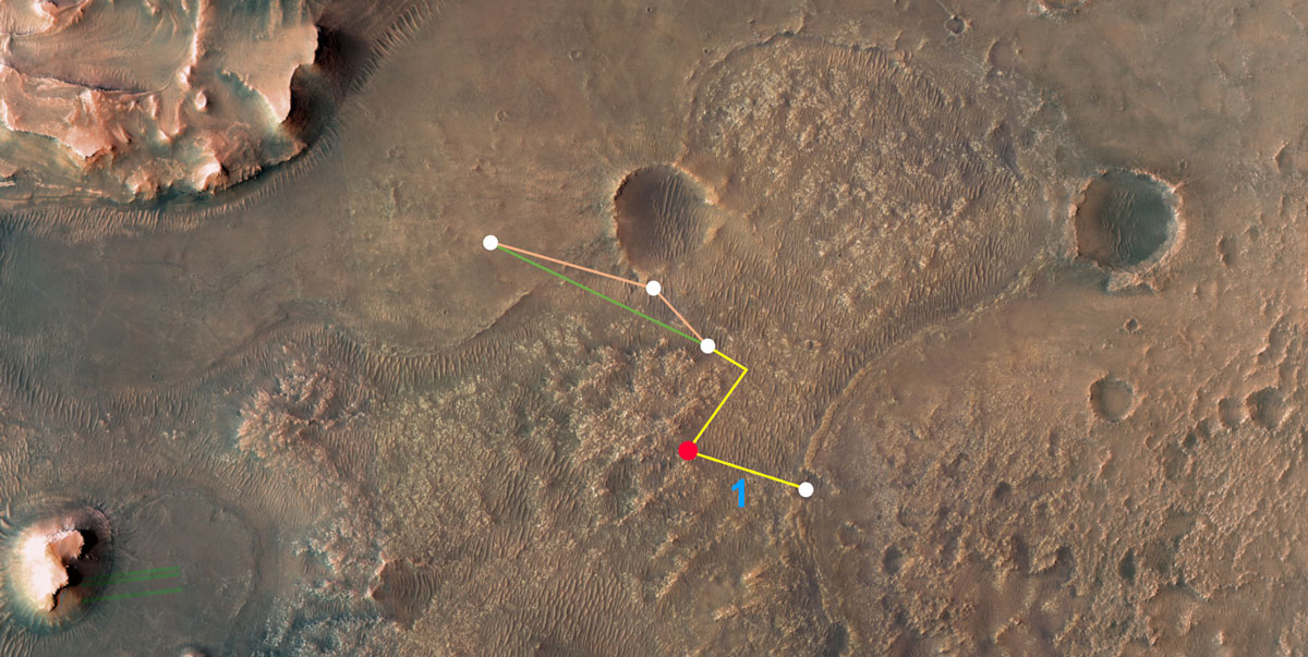 This annotated image depicts the multiple flights – and two different routes – NASA’s Ingenuity Mars Helicopter could take on its trip to Jezero Crater’s delta.
