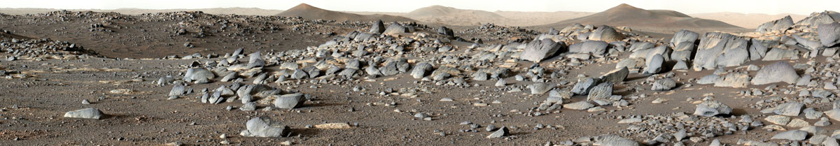 NASA’s Perseverance Mars rover looks out at an expanse of boulders on the landscape in front of a location nicknamed “Santa Cruz” on Feb. 16, 2022, the 353rd Martian day, or sol, of the mission in this panorama made of 24 images taken by the rover’s Mastcam-Z.