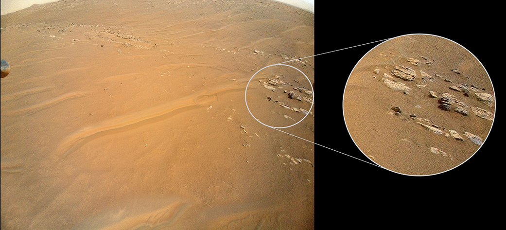 NASA’s Ingenuity Mars Helicopter scouted this ridgeline near the ancient river delta in Jezero Crater because it is of interest to Perseverance rover scientists. Enlarged at right is a close-up of one of the ridgeline’s rocky outcrops. The image was captured on April 23, during the rotorcraft’s 27th flight.