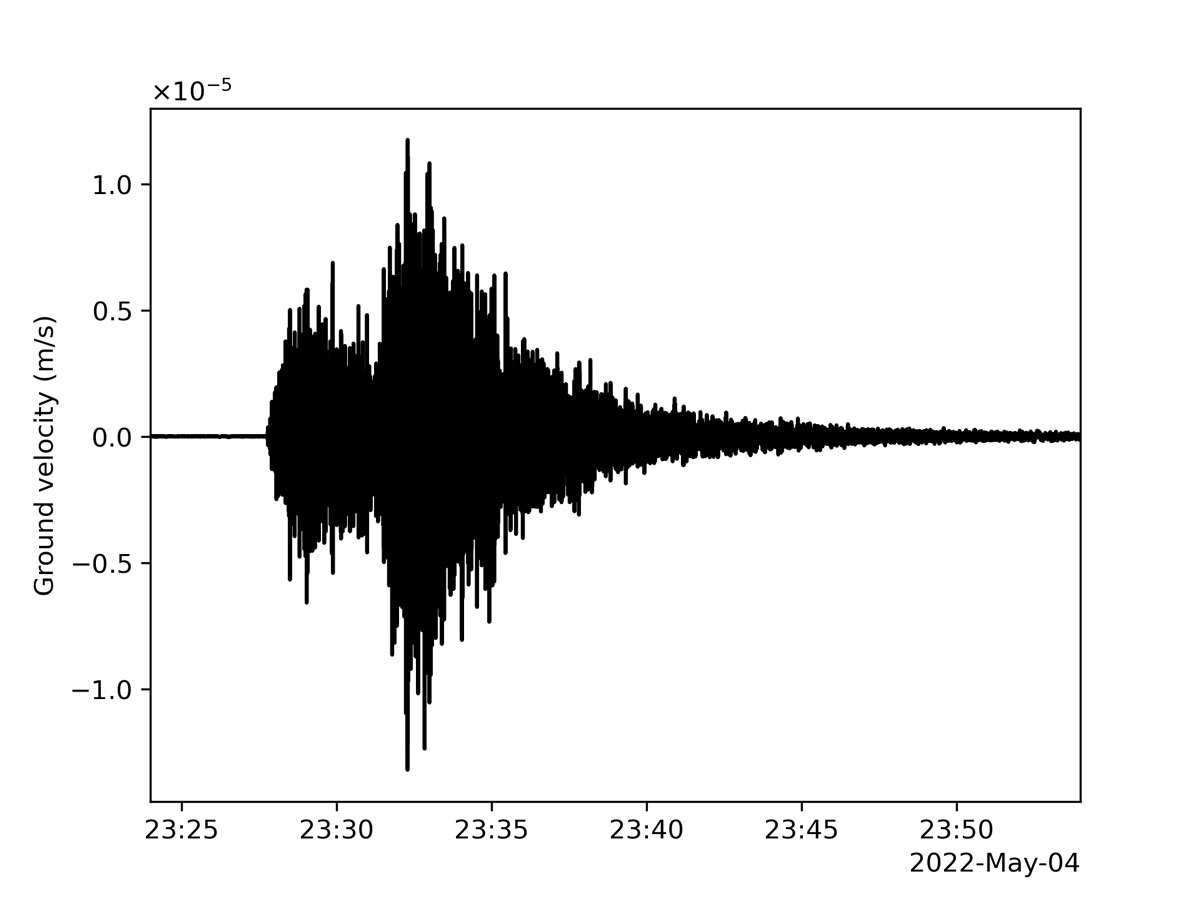 This seismogram shows the largest quake ever detected on another planet. Estimated at magnitude 5, this quake was discovered by NASA’s InSight lander on May 4, 2022, the 1,222 Martian day, or sol, of the mission.