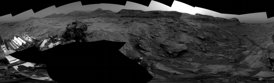 NASA's Mars rover Curiosity took 29 images in Gale Crater using its mast-mounted Right Navigation Camera (Navcam) to create this mosaic. The seam-corrected mosaic provides a 360-degree cylindrical projection panorama of the Martian surface centered at 181 degrees azimuth (measured clockwise from north). Curiosity took the images on May 31, 2022, Sol 3489 of the Mars Science Laboratory mission at drive 2388, site number 95. The local mean solar time for the image exposures was from 2 PM to 3 PM. Each Navcam image has a 45 degree field of view. CREDIT: NASA/JPL-Caltech