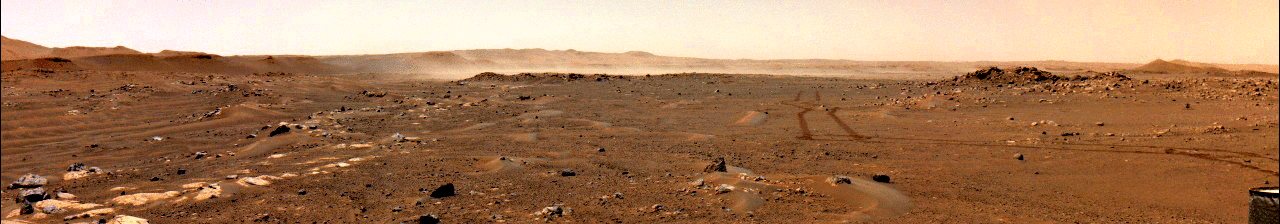 This series of images from a navigation camera aboard NASA’s Perseverance rover shows a gust of wind sweeping dust across the Martian plain beyond the rover’s tracks on June 18, 2021 (the 117th sol, or Martian day, of the mission). The dust cloud in this GIF was estimated to be 1.5 square miles (4 square kilometers) in size; it was the first such Martian wind-lifted dust cloud of this scale ever captured in images.
