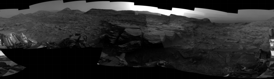 NASA's Mars rover Curiosity took 31 images in Gale Crater using its mast-mounted Right Navigation Camera (Navcam) to create this mosaic. The seam-corrected mosaic provides a 360-degree cylindrical projection panorama of the Martian surface centered at 221 degrees azimuth (measured clockwise from north). Curiosity took the images on June 03, 2022, Sol 3492 of the Mars Science Laboratory mission at drive 2652, site number 95. The local mean solar time for the image exposures was 4 PM. Each Navcam image has a 45 degree field of view. CREDIT: NASA/JPL-Caltech