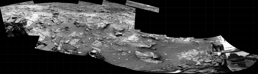 NASA's Mars rover Curiosity took 13 images in Gale Crater using its mast-mounted Right Navigation Camera (Navcam) to create this mosaic. The seam-corrected mosaic provides a 326-degree cylindrical projection panorama of the Martian surface centered at 243 degrees azimuth (measured clockwise from north). Curiosity took the images on June 15, 2022, Sol 3504 of the Mars Science Laboratory mission at drive 2944, site number 95. The local mean solar time for the image exposures was from 1 PM to 12 PM. Each Navcam image has a 45 degree field of view. CREDIT: NASA/JPL-Caltech