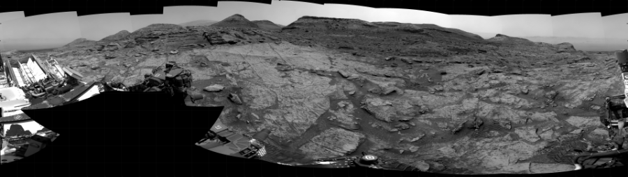 NASA's Mars rover Curiosity took 31 images in Gale Crater using its mast-mounted Right Navigation Camera (Navcam) to create this mosaic. The seam-corrected mosaic provides a 360-degree cylindrical projection panorama of the Martian surface centered at 170 degrees azimuth (measured clockwise from north). Curiosity took the images on June 18, 2022, Sol 3506 of the Mars Science Laboratory mission at drive 3020, site number 95. The local mean solar time for the image exposures was 1 PM. Each Navcam image has a 45 degree field of view. CREDIT: NASA/JPL-Caltech