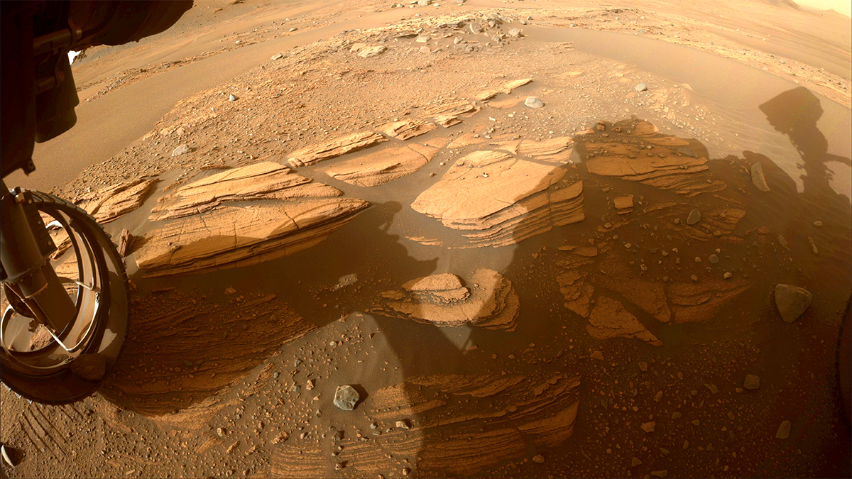 This image of the sedimentary rocks of “Enchanted Lake” was taken by one of the Perseverance rover’s Hazard Avoidance Cameras (Hazcams) near the base of Jezero Crater’s delta on April 30, 2022, the 424th Martian day, or sol, of the mission.