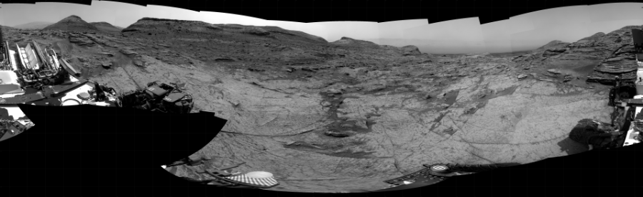 NASA's Mars rover Curiosity took 36 images in Gale Crater using its mast-mounted Right Navigation Camera (Navcam) to create this mosaic. The seam-corrected mosaic provides a 360-degree cylindrical projection panorama of the Martian surface centered at 265 degrees azimuth (measured clockwise from north). Curiosity took the images on July 04, 2022, Sols 3522-3509 of the Mars Science Laboratory mission at drive 3152, site number 95. The local mean solar time for the image exposures was from 2 PM to 12 PM. Each Navcam image has a 45 degree field of view. CREDIT: NASA/JPL-Caltech