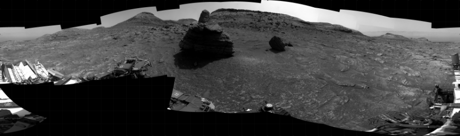 NASA's Mars rover Curiosity took 27 images in Gale Crater using its mast-mounted Right Navigation Camera (Navcam) to create this mosaic. The seam-corrected mosaic provides a 360-degree cylindrical projection panorama of the Martian surface centered at 171 degrees azimuth (measured clockwise from north). Curiosity took the images on July 15, 2022, Sol 3533 of the Mars Science Laboratory mission at drive 420, site number 96. The local mean solar time for the image exposures was 1 PM. Each Navcam image has a 45 degree field of view. CREDIT: NASA/JPL-Caltech