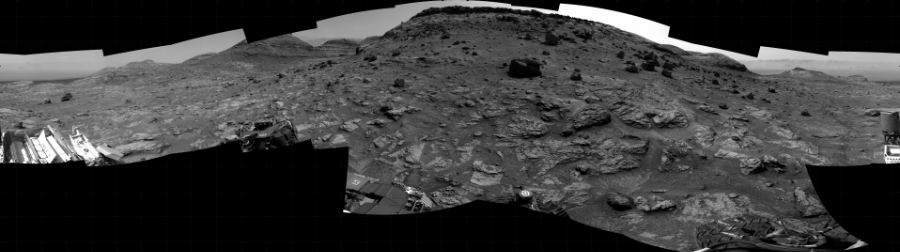 NASA's Mars rover Curiosity took 21 images in Gale Crater using its mast-mounted Right Navigation Camera (Navcam) to create this mosaic. The seam-corrected mosaic provides a 360-degree cylindrical projection panorama of the Martian surface centered at 163 degrees azimuth (measured clockwise from north). Curiosity took the images on July 22, 2022, Sol 3540 of the Mars Science Laboratory mission at drive 876, site number 96. The local mean solar time for the image exposures was from 1 PM to 2 PM. Each Navcam image has a 45 degree field of view. CREDIT: NASA/JPL-Caltech