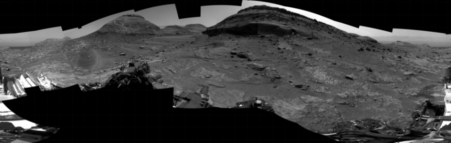NASA's Mars rover Curiosity took 31 images in Gale Crater using its mast-mounted Right Navigation Camera (Navcam) to create this mosaic. The seam-corrected mosaic provides a 360-degree cylindrical projection panorama of the Martian surface centered at 162 degrees azimuth (measured clockwise from north). Curiosity took the images on August 01, 2022, Sol 3549 of the Mars Science Laboratory mission at drive 1886, site number 96. The local mean solar time for the image exposures was from 1 PM to 2 PM. Each Navcam image has a 45 degree field of view. CREDIT: NASA/JPL-Caltech