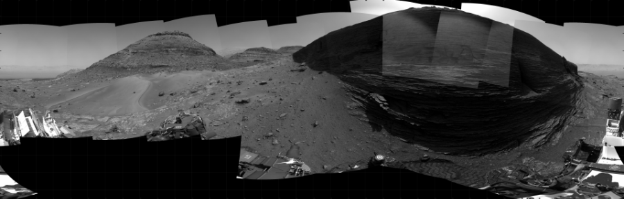 NASA's Mars rover Curiosity took 31 images in Gale Crater using its mast-mounted Right Navigation Camera (Navcam) to create this mosaic. The seam-corrected mosaic provides a 360-degree cylindrical projection panorama of the Martian surface centered at 149 degrees azimuth (measured clockwise from north). Curiosity took the images on August 08, 2022, Sol 3556 of the Mars Science Laboratory mission at drive 2470, site number 96. The local mean solar time for the image exposures was 2 PM. Each Navcam image has a 45 degree field of view. CREDIT: NASA/JPL-Caltech