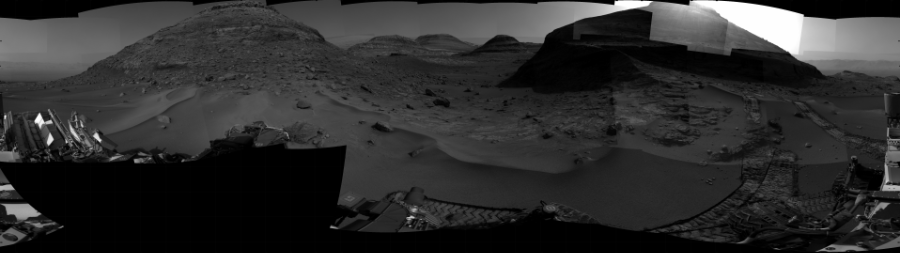 NASA's Mars rover Curiosity took 31 images in Gale Crater using its mast-mounted Right Navigation Camera (Navcam) to create this mosaic. The seam-corrected mosaic provides a 360-degree cylindrical projection panorama of the Martian surface centered at 144 degrees azimuth (measured clockwise from north). Curiosity took the images on August 12, 2022, Sol 3560 of the Mars Science Laboratory mission at drive 2724, site number 96. The local mean solar time for the image exposures was from 3 PM to 4 PM. Each Navcam image has a 45 degree field of view. CREDIT: NASA/JPL-Caltech