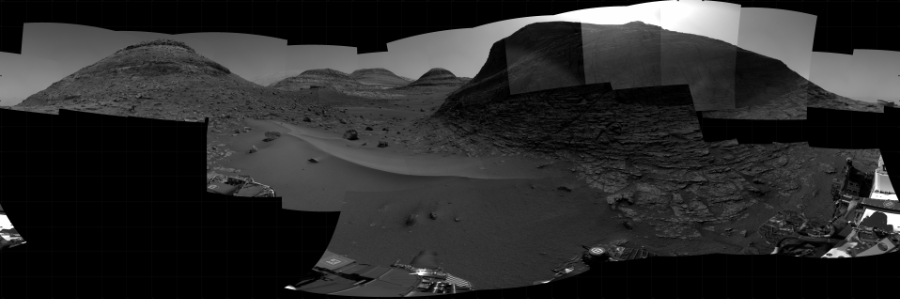 NASA's Mars rover Curiosity took 25 images in Gale Crater using its mast-mounted Right Navigation Camera (Navcam) to create this mosaic. The seam-corrected mosaic provides a 360-degree cylindrical projection panorama of the Martian surface centered at 169 degrees azimuth (measured clockwise from north). Curiosity took the images on August 15, 2022, Sol 3563 of the Mars Science Laboratory mission at drive 2862, site number 96. The local mean solar time for the image exposures was 2 PM. Each Navcam image has a 45 degree field of view. CREDIT: NASA/JPL-Caltech