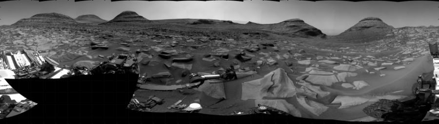 NASA's Mars rover Curiosity took 33 images in Gale Crater using its mast-mounted Right Navigation Camera (Navcam) to create this mosaic. The seam-corrected mosaic provides a 360-degree cylindrical projection panorama of the Martian surface centered at 245 degrees azimuth (measured clockwise from north). Curiosity took the images on September 11, 2022, Sols 3589-3580 of the Mars Science Laboratory mission at drive 1170, site number 97. The local mean solar time for the image exposures was 2 PM. Each Navcam image has a 45 degree field of view. CREDIT: NASA/JPL-Caltech