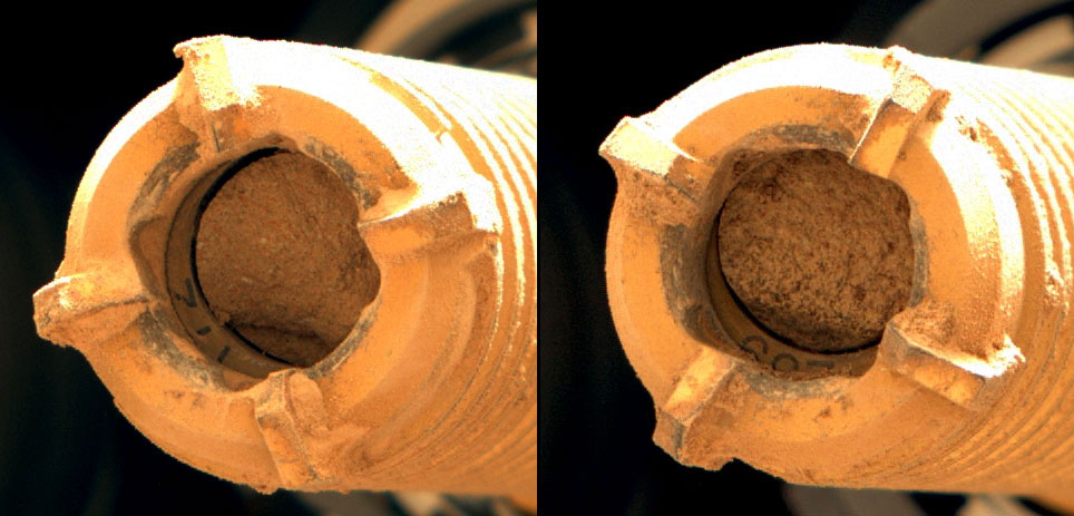 This pair of images shows two cylinders of rock the size of classroom chalk inside the drill of NASA’s Perseverance rover from an outcrop called “Wildcat Ridge” in Mars’ Jezero Crater.