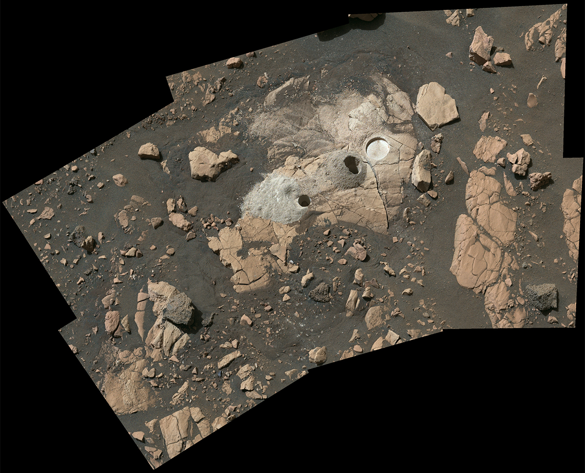 This mosaic shows a rocky outcrop called “Wildcat Ridge,” where the rover extracted two rock cores and abraded a circular patch to investigate the rock’s composition.