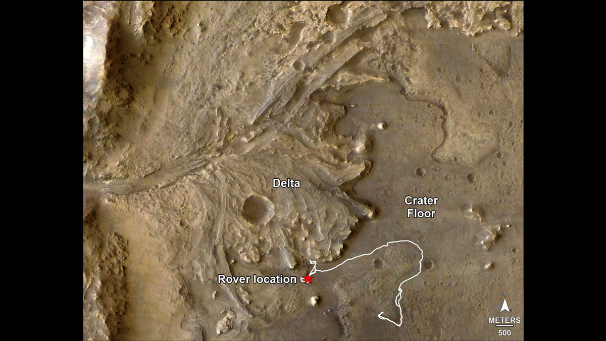 The route of NASA’s Perseverance Mars rover – from its landing site on the floor of Jezero Crater to the ancient river delta, which it is currently exploring.