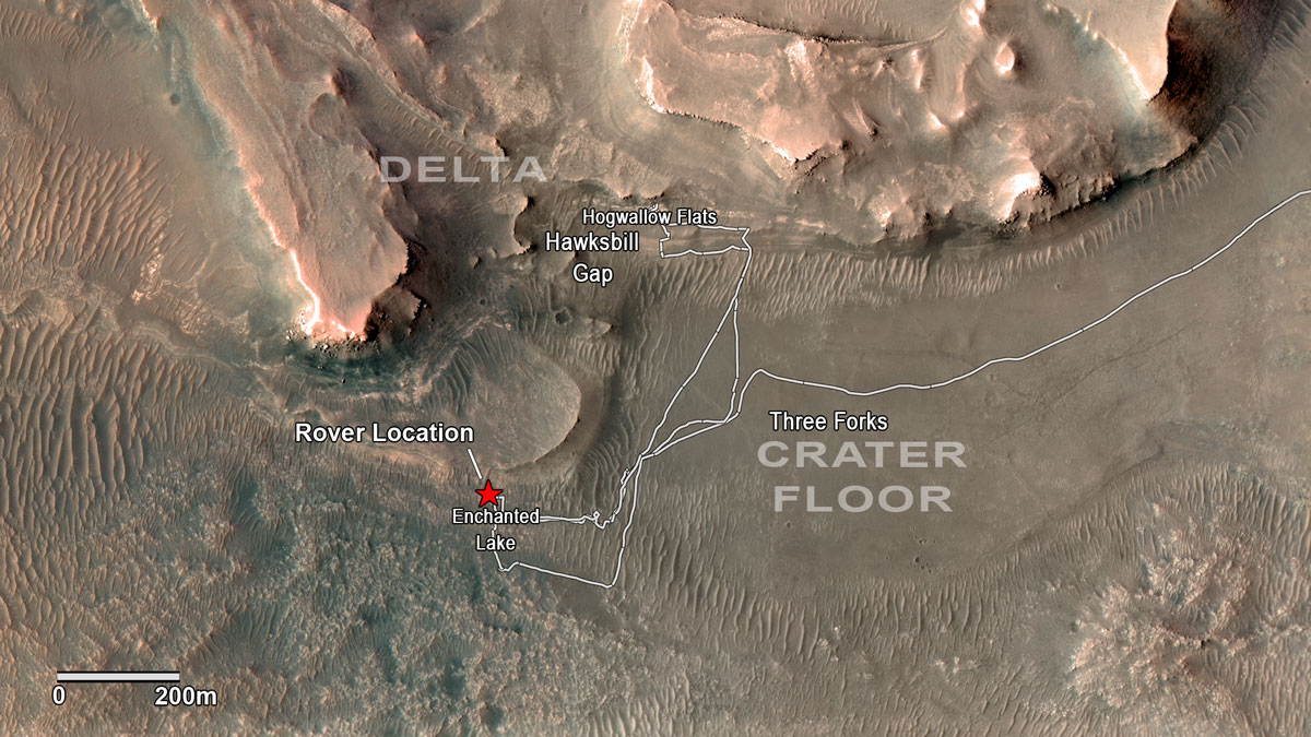 NASA’s Perseverance rover has been investigating rocks at the front of the delta in Mars’ Jezero Crater along the path indicated in this annotated image taken by the agency’s Mars Reconnaissance Orbiter (MRO).