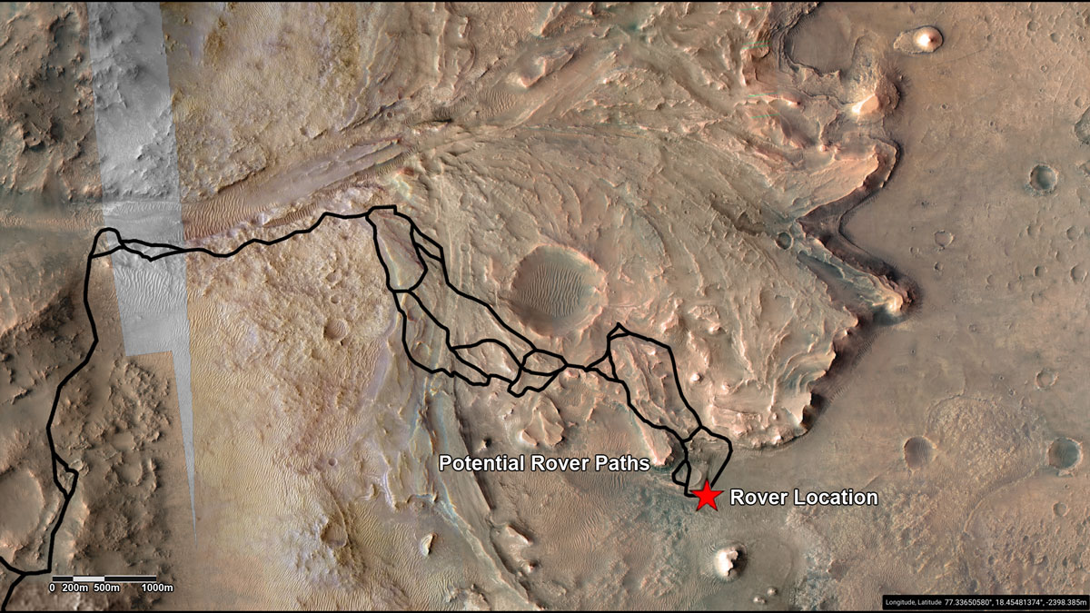 This annotated image highlights potential routes that NASA’s Perseverance team is considering in September 2022 for the rover to drive from the front of an ancient river delta to the rim of Jezero Crater.
