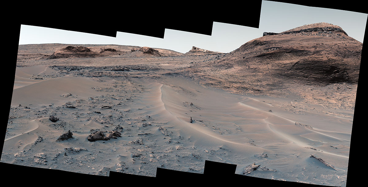 NASA’s Curiosity Mars rover used its Mast Camera, or Mastcam, to capture this panorama of a hill nicknamed "Bolivar" and adjacent sand ridges on Aug. 23, the 3,572nd Martian day, or sol, of the mission.