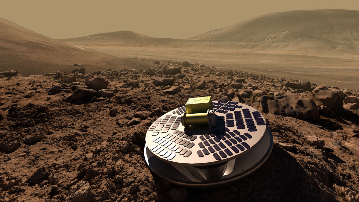 An illustration of SHIELD, a Mars lander concept that would allow lower-cost missions to reach the Red Planet’s surface by safely crash landing, using a collapsible base to absorb the impact.