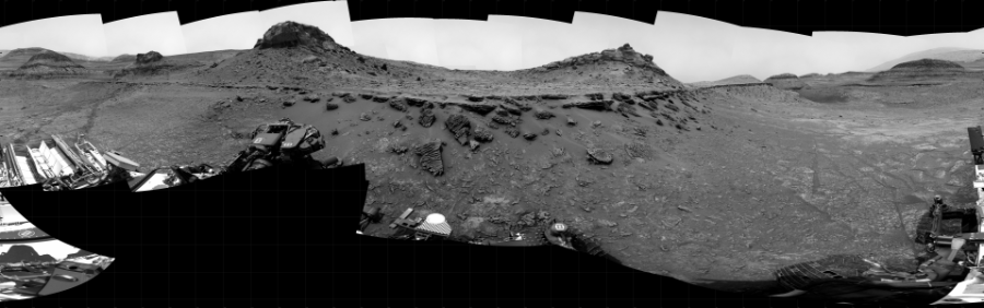 NASA's Mars rover Curiosity took 31 images in Gale Crater using its mast-mounted Right Navigation Camera (Navcam) to create this mosaic. The seam-corrected mosaic provides a 360-degree cylindrical projection panorama of the Martian surface centered at 298 degrees azimuth (measured clockwise from north). Curiosity took the images on November 02, 2022, Sol 3640 of the Mars Science Laboratory mission at drive 144, site number 98. The local mean solar time for the image exposures was from 1 PM to 2 PM. Each Navcam image has a 45 degree field of view. CREDIT: NASA/JPL-Caltech