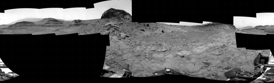 NASA's Mars rover Curiosity took 19 images in Gale Crater using its mast-mounted Right Navigation Camera (Navcam) to create this mosaic. The seam-corrected mosaic provides a 360-degree cylindrical projection panorama of the Martian surface centered at 245 degrees azimuth (measured clockwise from north). Curiosity took the images on November 07, 2022, Sol 3645 of the Mars Science Laboratory mission at drive 370, site number 98. The local mean solar time for the image exposures was from 1 PM to 12 PM. Each Navcam image has a 45 degree field of view. CREDIT: NASA/JPL-Caltech