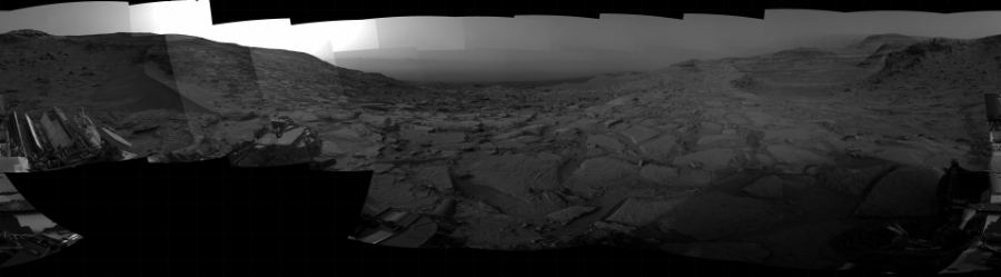 NASA's Mars rover Curiosity took 31 images in Gale Crater using its mast-mounted Right Navigation Camera (Navcam) to create this mosaic. The seam-corrected mosaic provides a 360-degree cylindrical projection panorama of the Martian surface centered at 350 degrees azimuth (measured clockwise from north). Curiosity took the images on November 11, 2022, Sol 3648 of the Mars Science Laboratory mission at drive 908, site number 98. The local mean solar time for the image exposures was 5 PM. Each Navcam image has a 45 degree field of view. CREDIT: NASA/JPL-Caltech