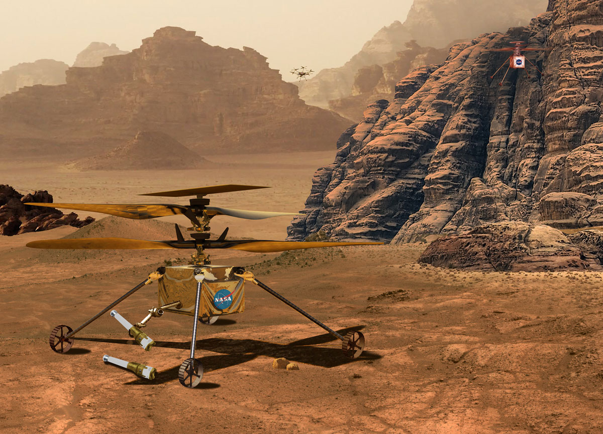This illustration depicts three different of models of NASA’s solar-powered Mars helicopter.
