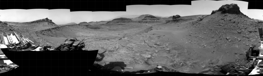 NASA's Mars rover Curiosity took 31 images in Gale Crater using its mast-mounted Right Navigation Camera (Navcam) to create this mosaic. The seam-corrected mosaic provides a 360-degree cylindrical projection panorama of the Martian surface centered at 110 degrees azimuth (measured clockwise from north). Curiosity took the images on December 05, 2022, Sol 3672 of the Mars Science Laboratory mission at drive 2704, site number 98. The local mean solar time for the image exposures was from 1 PM to 3 PM. Each Navcam image has a 45 degree field of view. CREDIT: NASA/JPL-Caltech