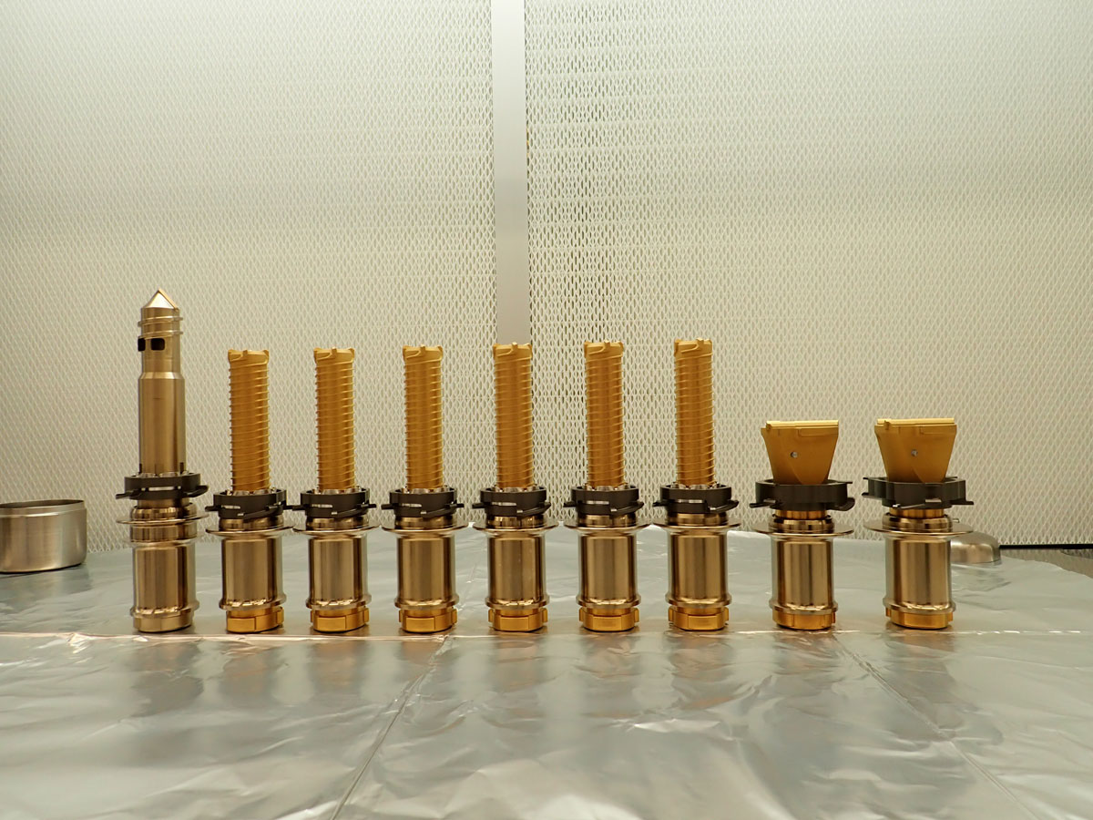 The drill bits used by NASA’s Perseverance rover are seen before being installed prior to launch.