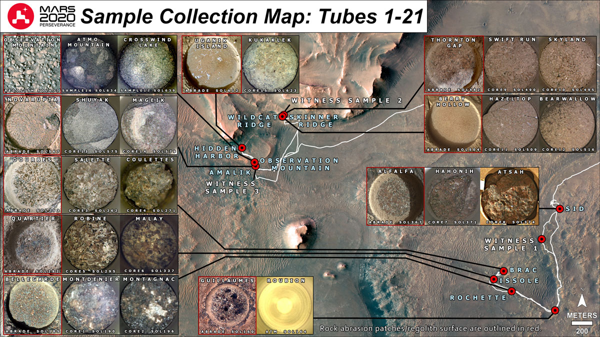 Shown here is a representation of the 21 sample tubes (containing rock, regolith, atmosphere, and witness materials) that have been sealed to date by NASA’s Perseverance Mars rover.