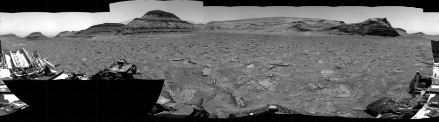 NASA's Mars rover Curiosity took 31 images in Gale Crater using its mast-mounted Right Navigation Camera (Navcam) to create this mosaic. The seam-corrected mosaic provides a 360-degree cylindrical projection panorama of the Martian surface centered at 171 degrees azimuth (measured clockwise from north). Curiosity took the images on January 17, 2023, Sol 3714 of the Mars Science Laboratory mission at drive 1594, site number 99. The local mean solar time for the image exposures was 12 PM. Each Navcam image has a 45 degree field of view. CREDIT: NASA/JPL-Caltech