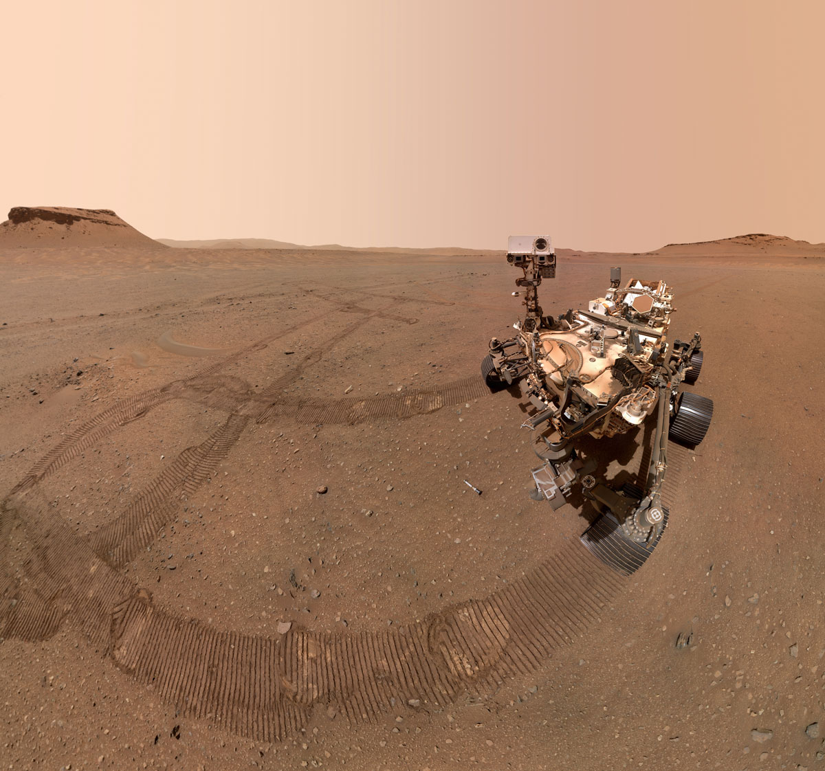 NASA's Perseverance Mars rover took a selfie with several of the 10 sample tubes it deposited at a sample depot it is creating within an area of Jezero Crater nicknamed "Three Forks."