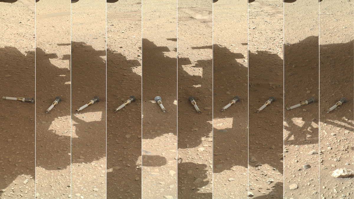 This photomontage shows each of the sample tubes deposited by NASA’s Perseverance Mars rover at the “Three Forks” sample depot, as viewed by the WATSON camera on the end of the rover’s robotic arm.