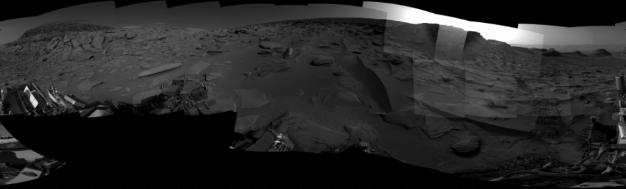 NASA's Mars rover Curiosity took 31 images in Gale Crater using its mast-mounted Right Navigation Camera (Navcam) to create this mosaic. The seam-corrected mosaic provides a 360-degree cylindrical projection panorama of the Martian surface centered at 207 degrees azimuth (measured clockwise from north). Curiosity took the images on March 29, 2023, Sol 3783 of the Mars Science Laboratory mission at drive 2208, site number 100. The local mean solar time for the image exposures was 4 PM. Each Navcam image has a 45 degree field of view. CREDIT: NASA/JPL-Caltech