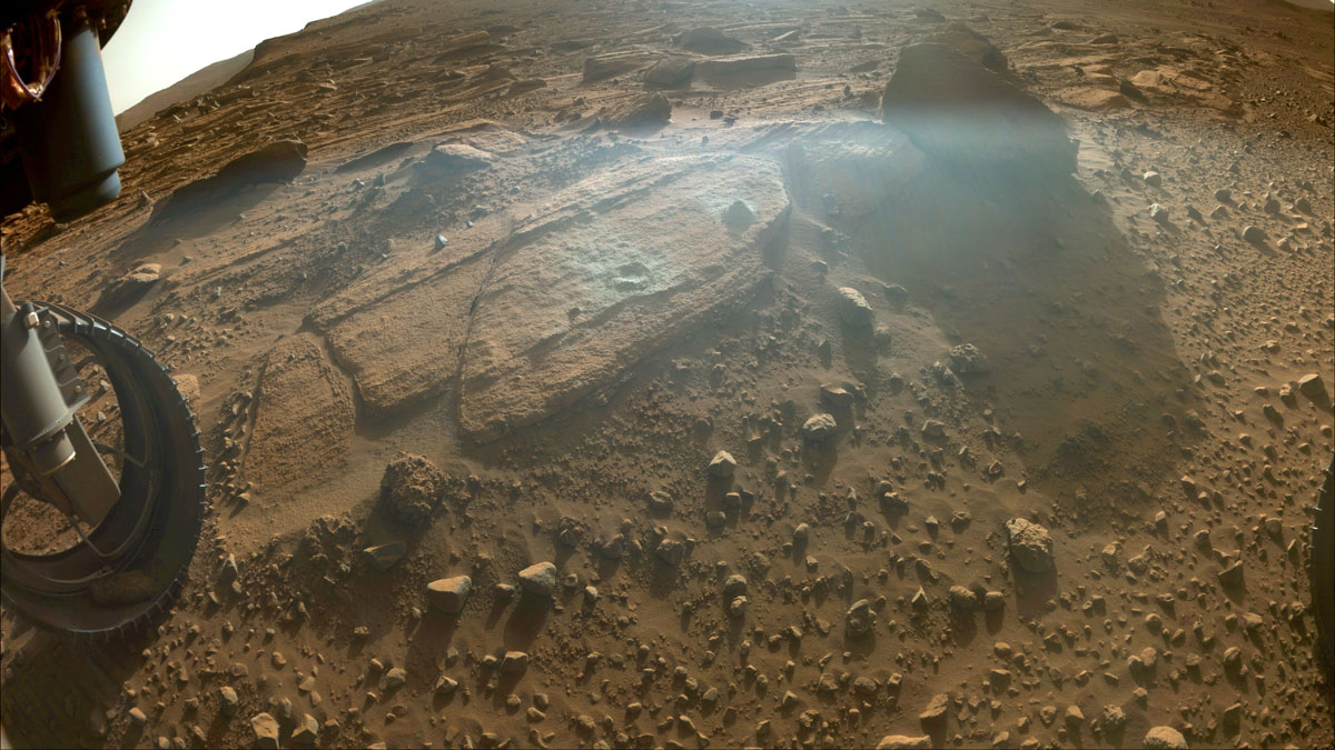 This image shows the rocky outcrop the Perseverance science team calls Berea after the NASA Mars rover extracted a rock core and abraded a circular patch. The image was taken by one of the rover’s front hazard cameras on March 30, 2023, the 749th Martian day, or sol, of the mission.