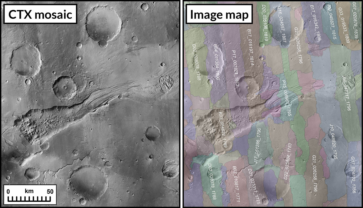 The new global mosaic, shown in a detail example at left, is stitched together from images taken by MRO’s Context Camera, which captures the Martian surface in long strips.