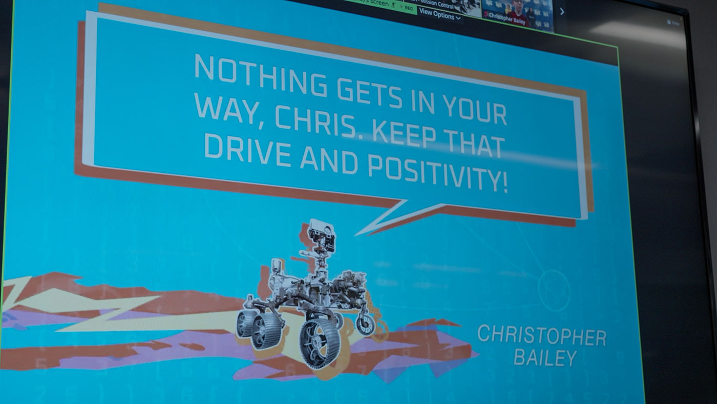 This is one of 11 digital messages beamed from Mars to students who have overcome academic challenges, on April 4, 2023.