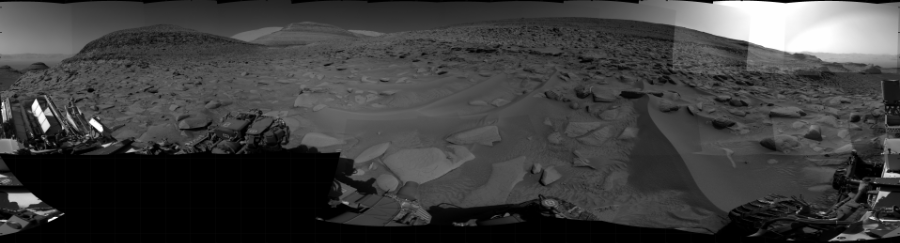 NASA's Mars rover Curiosity took 31 images in Gale Crater using its mast-mounted Right Navigation Camera (Navcam) to create this mosaic. The seam-corrected mosaic provides a 360-degree cylindrical projection panorama of the Martian surface centered at 174 degrees azimuth (measured clockwise from north). Curiosity took the images on April 24, 2023, Sol 3808 of the Mars Science Laboratory mission at drive 324, site number 101. The local mean solar time for the image exposures was from 2 PM to 3 PM. Each Navcam image has a 45 degree field of view. CREDIT: NASA/JPL-Caltech