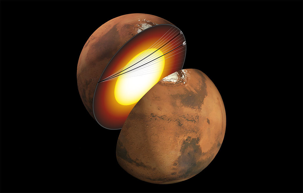 This artist’s concept shows a cutaway of Mars, along with the paths of seismic waves from two separate quakes in 2021.