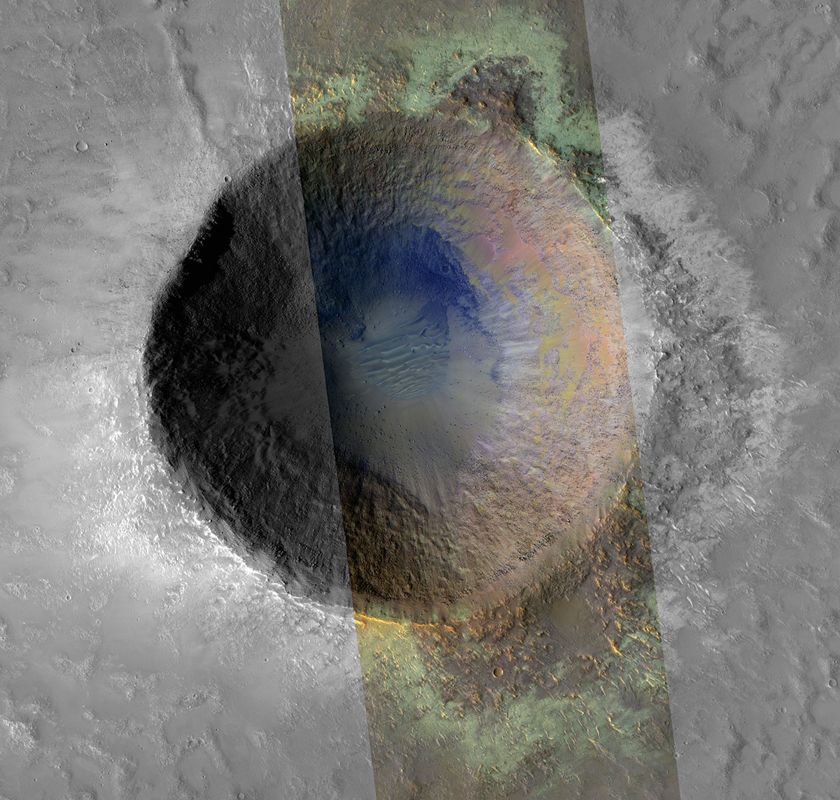 This impact crater in south Syrtis Major was captured by the HiRISE instrument on NASA’s MRO. Afterward, CRISM data was layered on top to reveal which minerals were present.