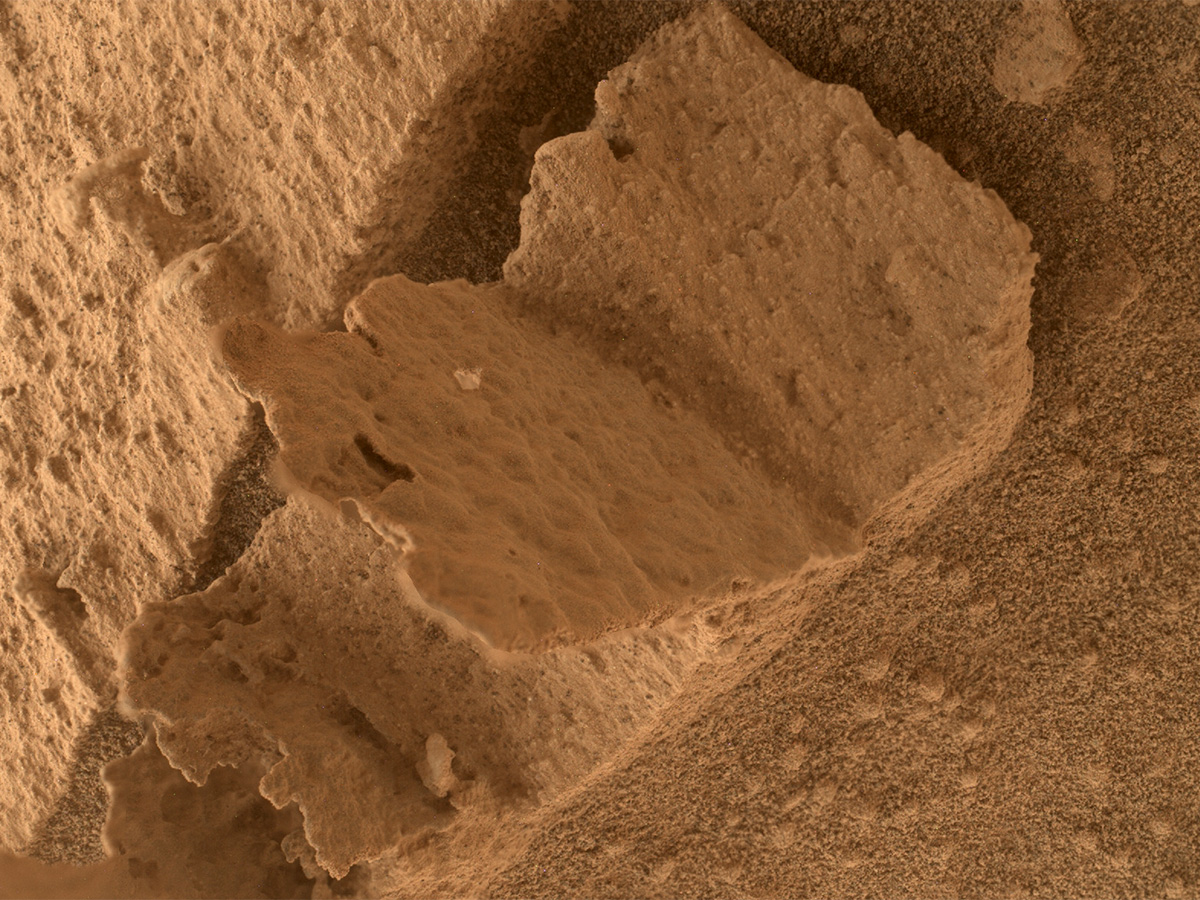 This image was taken by Curiosity on Sol 3800 and shows a close-up view of a rock nicknamed "Terra Firme" that looks like the open pages of a book.