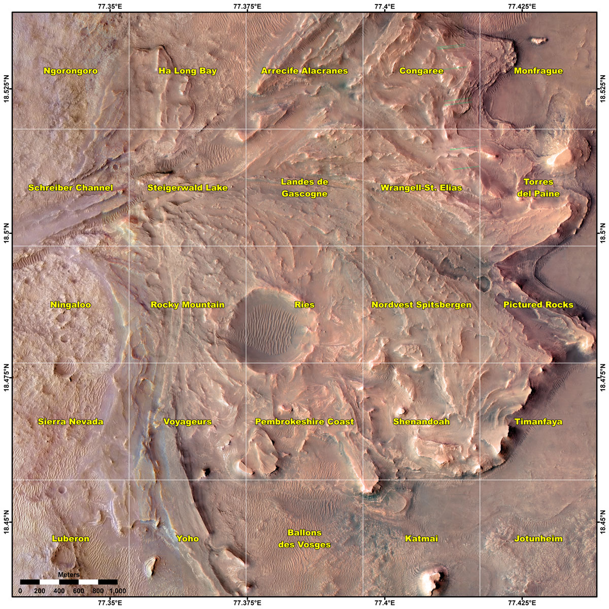 This map shows various quadrant themes in the vicinity of NASA’s Perseverance Mars rover, which is currently in the Rocky Mountain quadrant. The rover team chose quadrant themes related to various national parks across Earth.