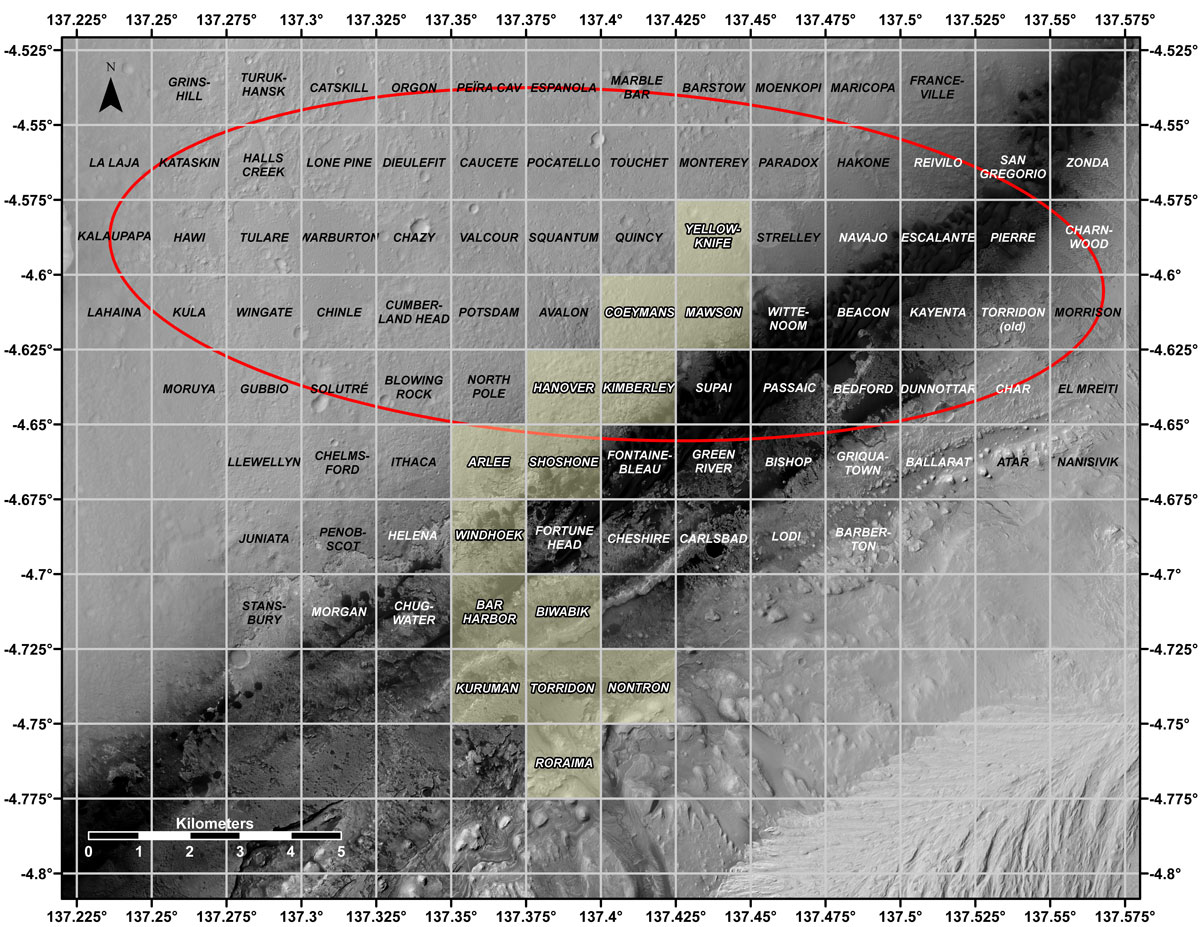 This map shows all the quadrant themes for NASA’s Curiosity Mars rover, which is currently in the Roraima quadrant seen at the bottom. The red oval indicates the landing ellipse where the rover was targeted to touch down in 2012. The yellow-tinted quadrants are areas the rover has driven through since then.