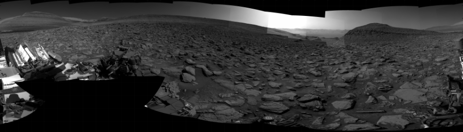 NASA's Mars rover Curiosity took 31 images in Gale Crater using its mast-mounted Right Navigation Camera (Navcam) to create this mosaic. The seam-corrected mosaic provides a 360-degree cylindrical projection panorama of the Martian surface centered at 266 degrees azimuth (measured clockwise from north). Curiosity took the images on July 17, 2023, Sol 3890 of the Mars Science Laboratory mission at drive 1402, site number 102. The local mean solar time for the image exposures was from 2 PM to 3 PM. Each Navcam image has a 45 degree field of view. CREDIT: NASA/JPL-Caltech